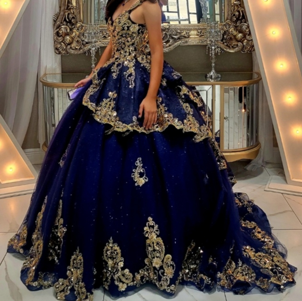 Elegant Blue and Gold Gown Quince Dress